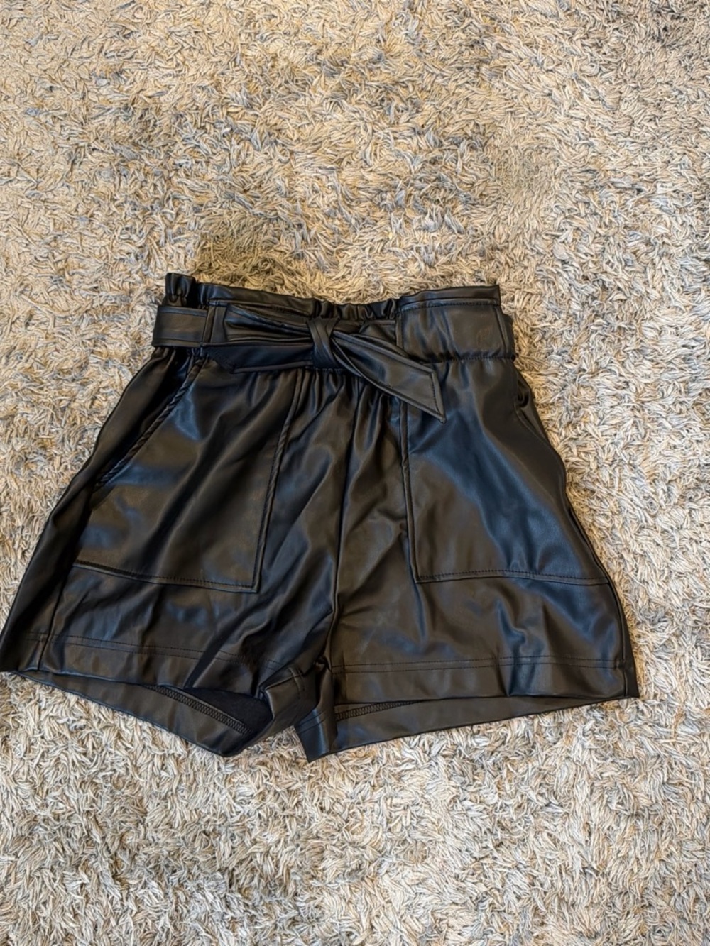 Ci Sono Black High-Waist Faux Leather Paperbag Shorts with Tie